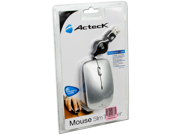 Mouse Retráctil Acteck Slim Traveller Óptico, USB. Color Plateado