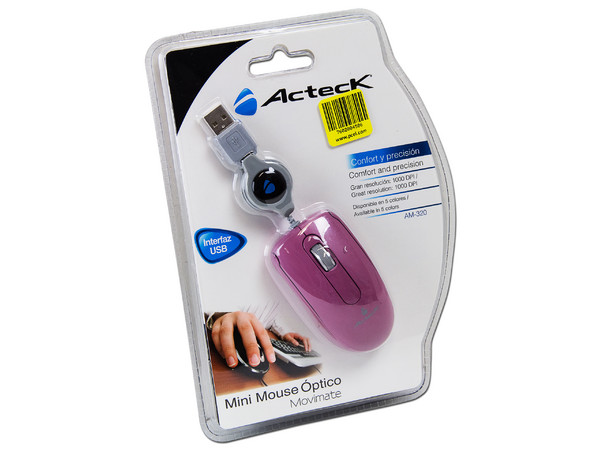 Mini Mouse Acteck Movimate AM-320 Óptico, retráctil USB. Color Rosa