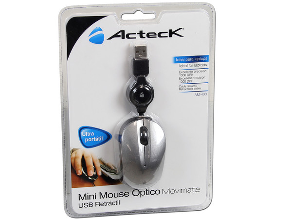Mini Mouse Acteck AM-400 Óptico, retráctil USB. Color gris.