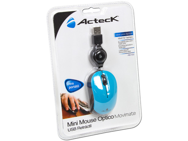 Mini Mouse Acteck AM-400 Óptico, retráctil USB. Color Azul