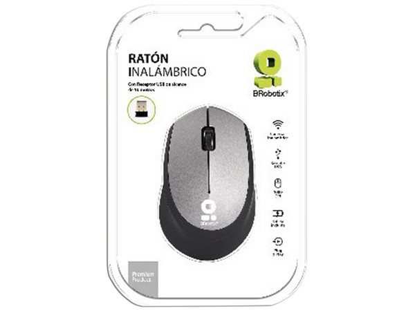 Mouse Óptico Inalámbrico BRobotix, hasta 1000 dpi, Receptor USB. Color Gris/Negro.