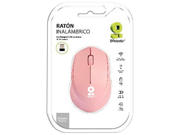 Mouse Óptico Inalámbrico BRobotix, hasta 1000 dpi, Receptor USB. Color Rosa.