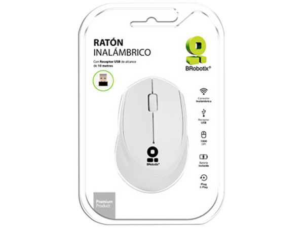 Mouse Óptico Inalámbrico BRobotix, hasta 1000 dpi, Receptor USB. Color Blanco.