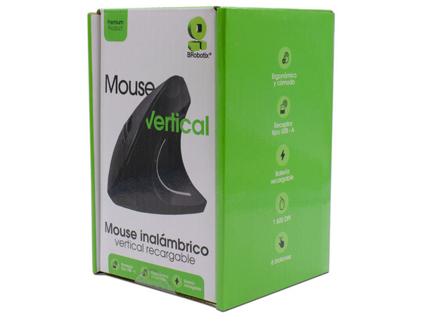 Mouse Inalámbrico Vertical BRobotix, hasta 1,600 dpi, 6 botones, Receptor USB. Color Negro.