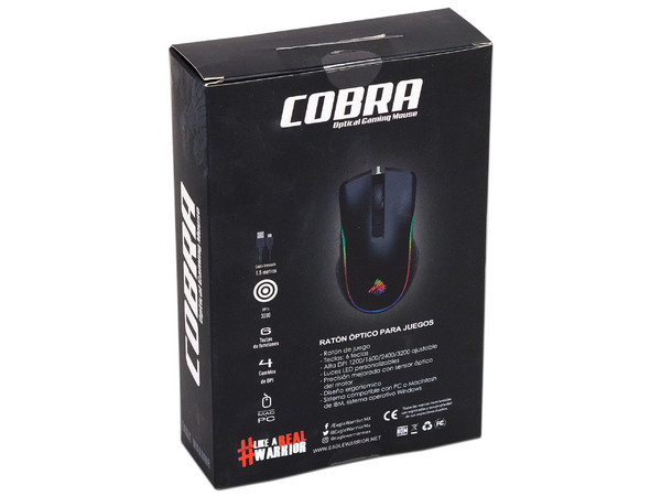 Mouse Óptico Gamer Eagle Warrior Cobra, hasta 3200 dpi, 6 botones, Iluminación RGB. Color Negro.