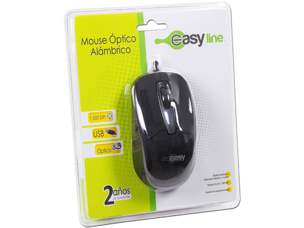 Mouse Óptico Easy Line, hasta 1000 dpi, USB. Color Negro.