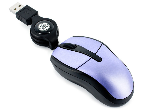 Ultra Mini Mouse General Electric, Óptico, cable retráctil USB. Color Morado