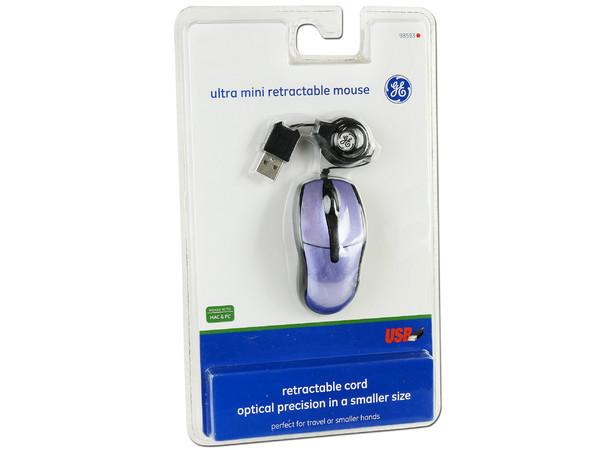 Ultra Mini Mouse General Electric, Óptico, cable retráctil USB. Color Morado