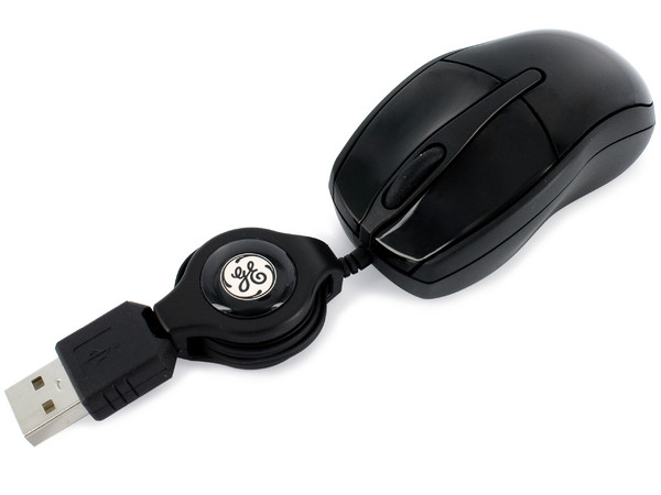 Ultra Mini Mouse General Electric, Óptico, cable retráctil USB. Color Negro