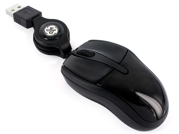 Ultra Mini Mouse General Electric, Óptico, cable retráctil USB. Color Negro