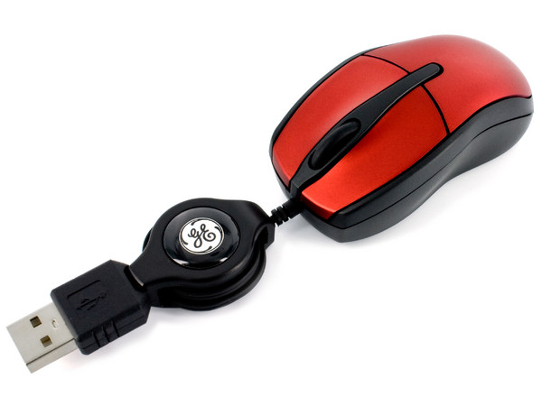 Ultra Mini Mouse General Electric, Óptico, cable retráctil USB. Color Rojo