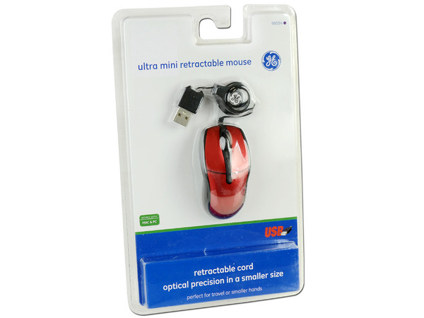 Ultra Mini Mouse General Electric, Óptico, cable retráctil USB. Color Rojo