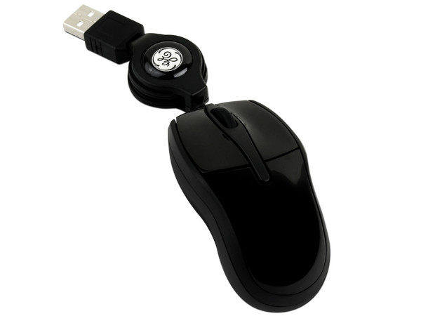 Super Mini Mouse General Electric, Óptico, retráctil USB. Color negro