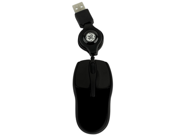 Super Mini Mouse General Electric, Óptico, retráctil USB. Color negro