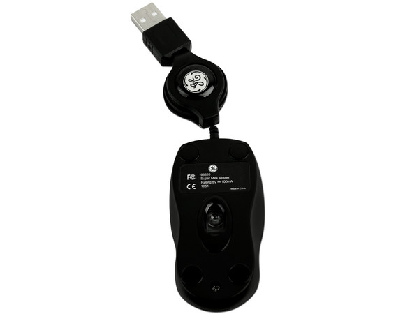 Super Mini Mouse General Electric, Óptico, retráctil USB. Color negro
