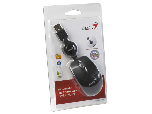Mini Mouse Genius Micro Traveler Óptico, retráctil USB. Color Negro