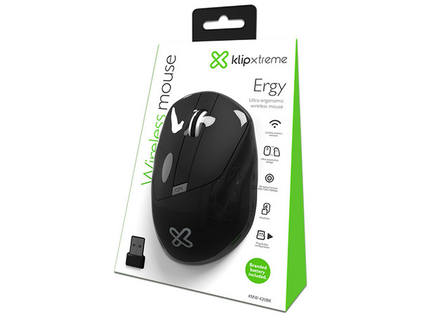 Mouse óptico Inalámbrico Klip Xtreme Ergy de Hasta 1,600dpi, USB. Color Negro.