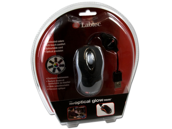 Mini Mouse Labtec Mini Optical Glow, retráctil USB. Color Negro con iluminación de Colores