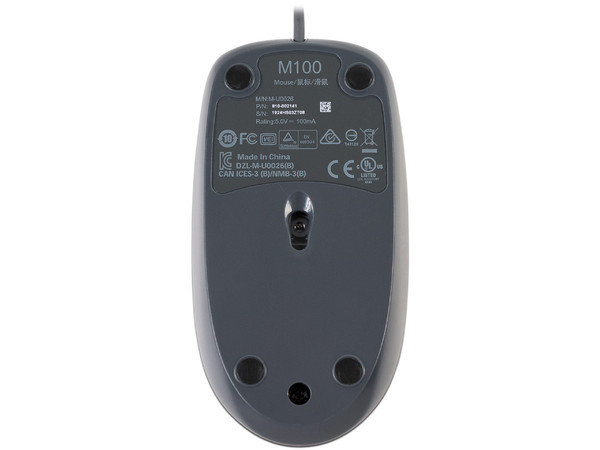 Mouse Óptico Logitech M100, hasta 1,000 dpi, 3 Botones, USB. Color Negro/Gris.