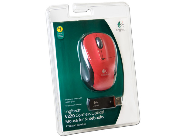 Mouse Logitech V220 Óptico Inalámbrico para Laptop, USB. Color Rojo
