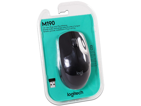 Mouse Óptico Inalámbrico Logitech M190, hasta 1,000 dpi, USB. Color Negro.