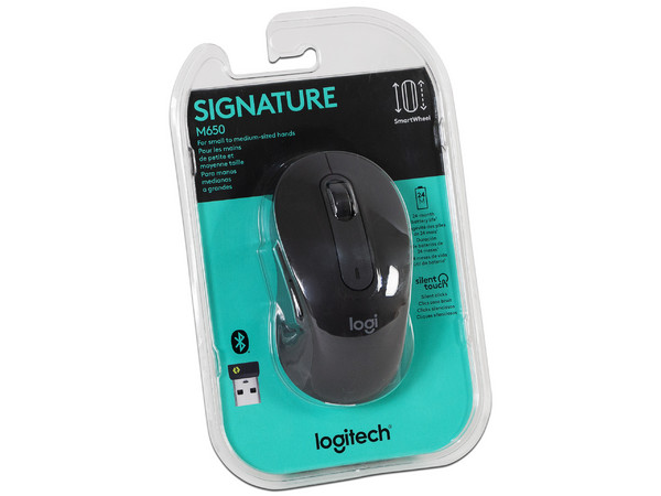 Mouse inalámbrico Logitech Signature M650, hasta 4000 dpi, 5 botones, USB, Bluetooth. Color Negro.