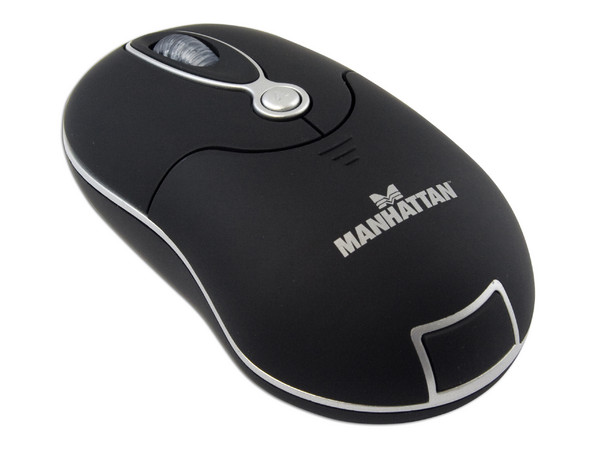 Mini Mouse Manhattan MMX Óptico Inalámbrico, incluye cable retráctil USB. Color Negro