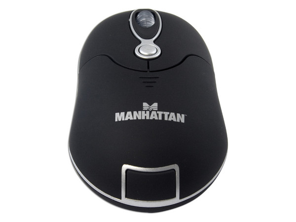 Mini Mouse Manhattan MMX Óptico Inalámbrico, incluye cable retráctil USB. Color Negro