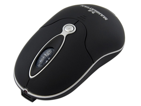 Mini Mouse Manhattan MMX Óptico Inalámbrico, incluye cable retráctil USB. Color Negro