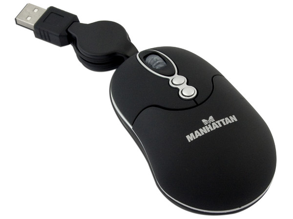 Mini Mouse Manhattan MM1 Óptico, cable retráctil USB. Color Negro