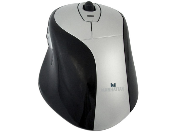 Mouse Manhattan MXD Óptico Inalámbrico, USB con Cargador de Baterías. Color Negro/Plateado