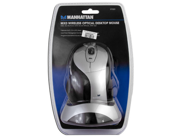 Mouse Manhattan MXD Óptico Inalámbrico, USB con Cargador de Baterías. Color Negro/Plateado