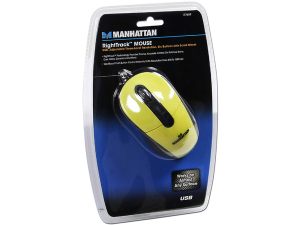 Mouse Manhattan con Tecnología RightTrack, USB. Color Amarillo. 