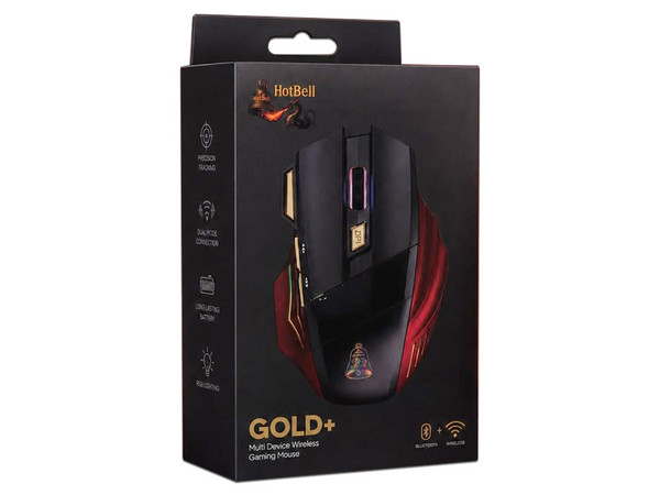 Mouse Gamer HotBell GMHTRGB-DPI, Resolución de 1600 DPI, 6 Botones, RGB, Bluetooth, Receptor USB. Color Negro y Rojo.