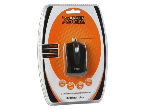 Mini Mouse Plano Perfect Choice Óptico, Cable Retráctil, USB. Color Negro