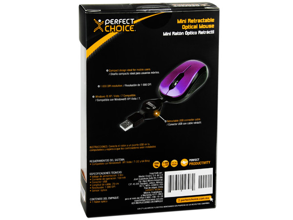 Mini Mouse Perfect Choice Óptico, Cable Retráctil USB. Color Morado 