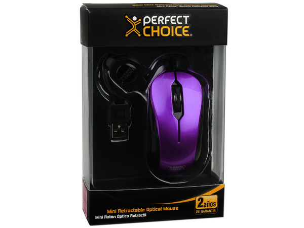 Mini Mouse Perfect Choice Óptico, Cable Retráctil USB. Color Morado 