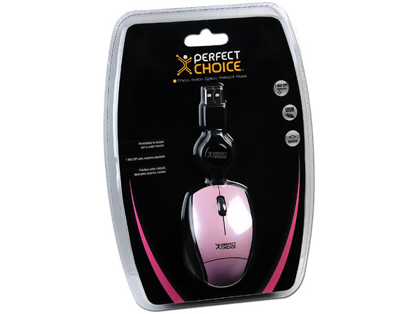 Mini Mouse Perfect Choice Óptico, Cable Retráctil USB. Color Rosa