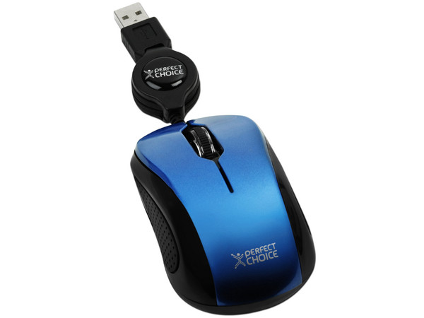 Mini Mouse Perfect Choice Óptico, Cable Retráctil USB. Color Azul