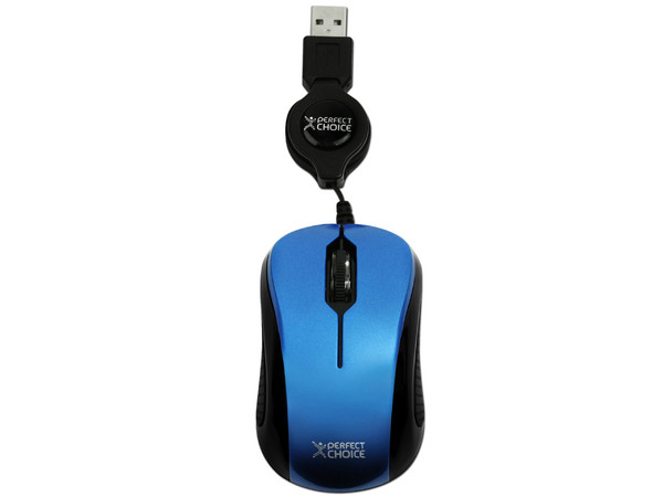 Mini Mouse Perfect Choice Óptico, Cable Retráctil USB. Color Azul