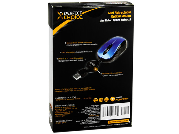 Mini Mouse Perfect Choice Óptico, Cable Retráctil USB. Color Azul