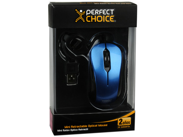 Mini Mouse Perfect Choice Óptico, Cable Retráctil USB. Color Azul