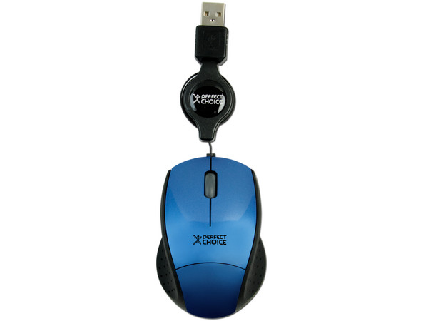 Mini Mouse Perfect Choice Óptico, Cable Retráctil USB. Color Azul
