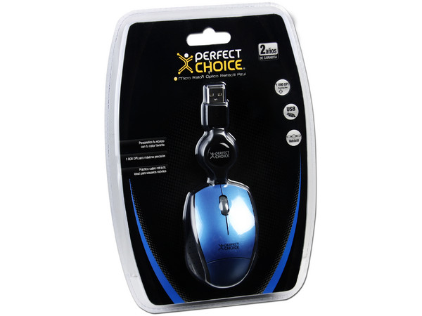 Mini Mouse Perfect Choice Óptico, Cable Retráctil USB. Color Azul