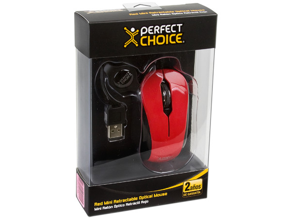 Mini Mouse Perfect Choice Óptico, Cable Retráctil USB. Color Rojo