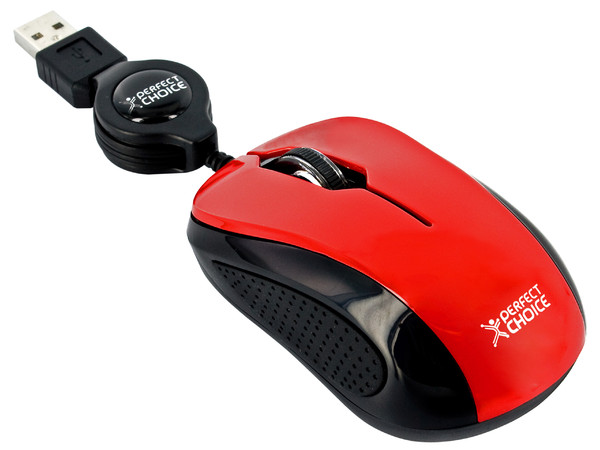Mini Mouse Perfect Choice Óptico, Cable Retráctil USB. Color Rojo