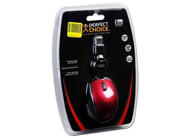 Mini Mouse Perfect Choice Óptico, Cable Retráctil USB. Color Rojo