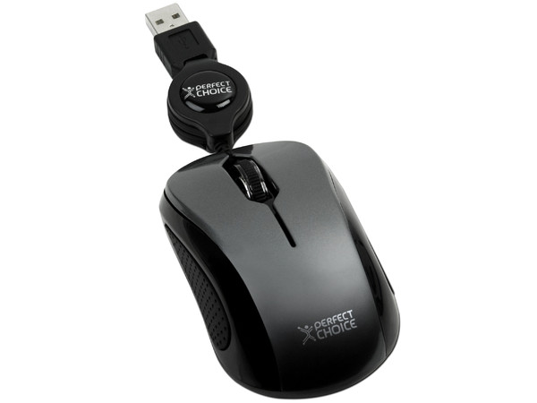 Mini Mouse Perfect Choice Óptico, Cable Retráctil USB. Color Gris 