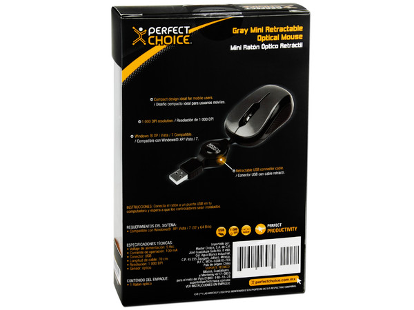 Mini Mouse Perfect Choice Óptico, Cable Retráctil USB. Color Gris 
