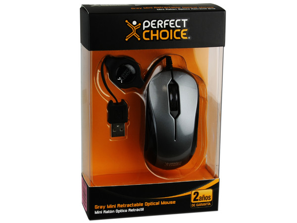 Mini Mouse Perfect Choice Óptico, Cable Retráctil USB. Color Gris 